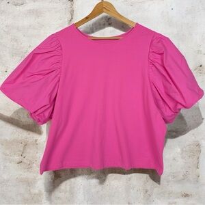 A New Day Boxy Short Puff Sleeve Cropped Fit Basic Poplin Tee Shirt Blouse Pink